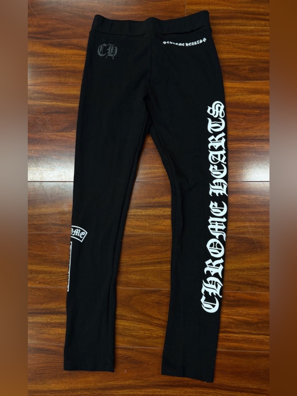 Chrome Hearts Black Leggings with White Gothic Script